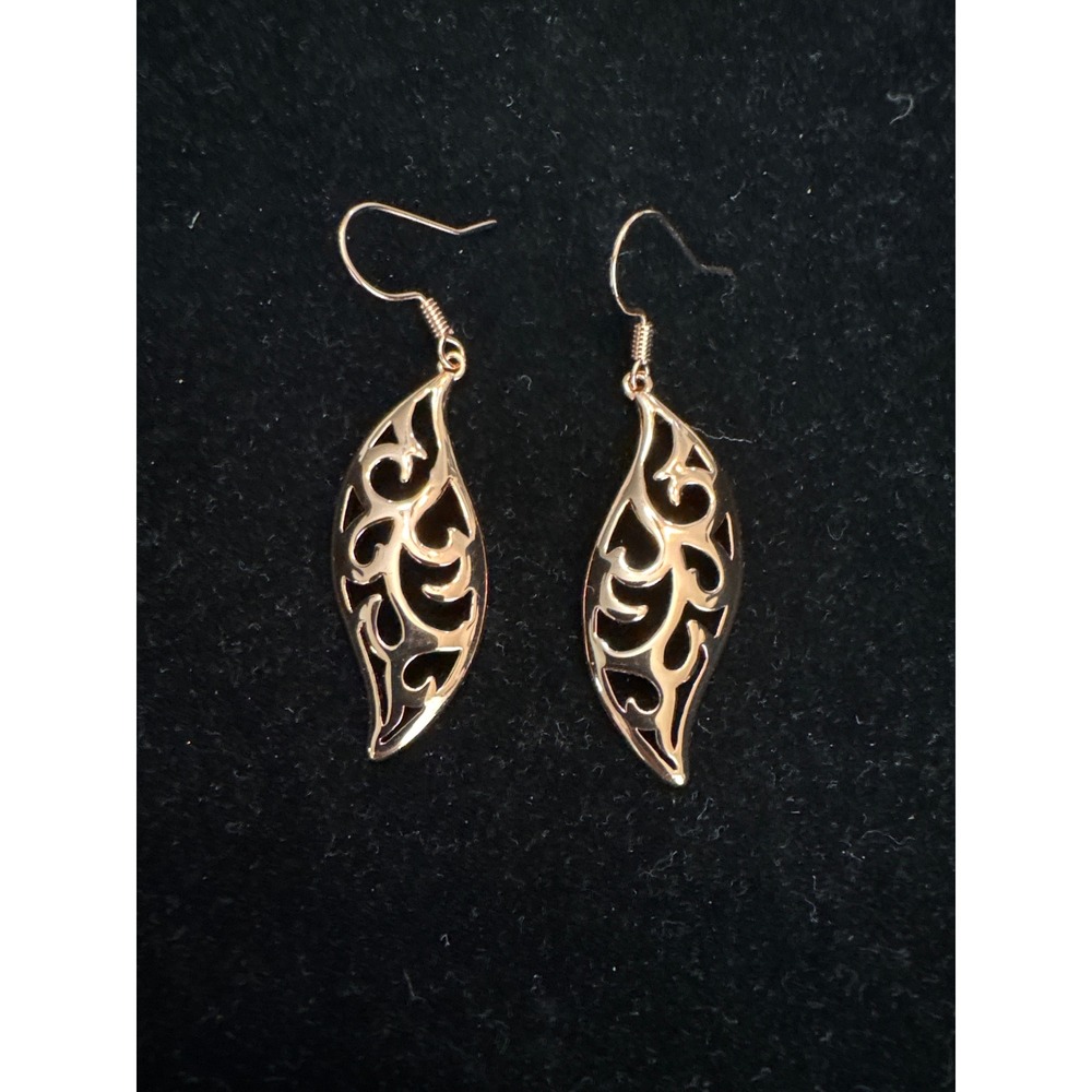 18k gold filled Rose Gold Tone Filigree Leaf Drop Earrings Scroll‎ Boho Dangle
